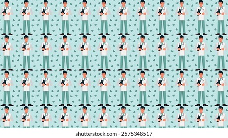 Veterinary doctor, profession illustration, flat designer, holding a cat, pattern repeat