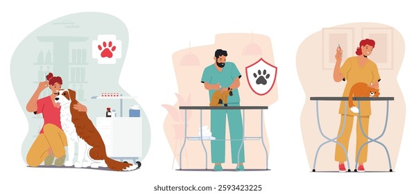 Veterinary doctor providing pets therapy high quality service cartoon scene set. Dogs and cats getting illness medical treatment, health care and preventive vaccine injection vector illustration