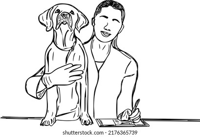 Veterinary Doctor Vector, Line Art Illustration Of Veterinary Doctor Holding Dog, Sketch Drawing Of Veterinary Doctor With Ill Dog