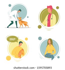 Veterinary Doctors Avatars with Cats and Dogs Cartoon Characters. Online Veterinary Professional Appointment to Medical Specialists Consultation on Animals Health. Vector Cartoon Illustration.