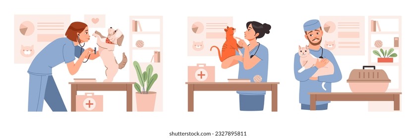 Veterinary doctors examining and cure pets in veterinarian office. Pets in a veterinary clinic. Flat vector illustration.