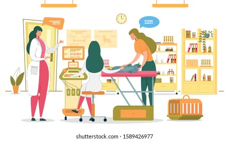 Veterinary Doctors or Surgeons Cartoon Characters Conduct X-ray Examination to Animal in Vet Clinic. Advanced Technologies for Pets Health Care and Diseases Treatment. Flat Vector Illustration.