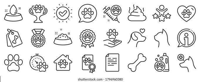 Veterinary, Dog Care And Cat Food. Pets Line Icons. Lovely Animals, Shampoo For Pets And Doghouse Icons. Vaccine, Pet Care And Dog Paw. Winner Cup, Certificate And Medal. Animal Feces. Vector