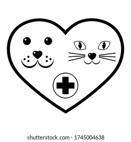 veterinary dog and cat face logo in heart with medical cross