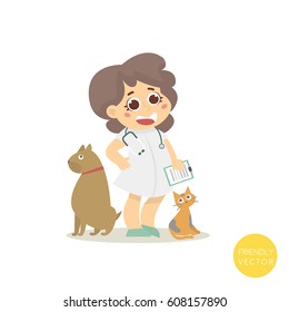 Veterinary with dog and cat isolated on white.Vector Illustration