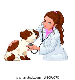 Veterinary with dog. Funny cartoon and vector illustration, isolated characters.