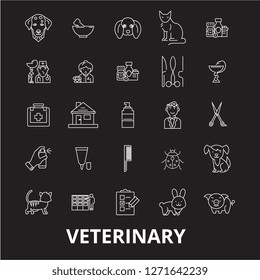 Veterinary editable line icons vector set on black background. Veterinary white outline illustrations, signs, symbols