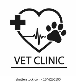 veterinary emblem cross with pulse and paw on heart background