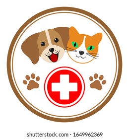 veterinary emblem dog and cat in a circle with a medical cross and paws on a white background