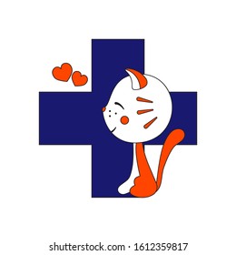 Veterinary emblem, logo. Cute white, reddish kitten, blue cross, hearts. Pet care sign, symbol. Animals love concept. Vet clinic, pet shop icon isolated on white background Cartoon vector illustration