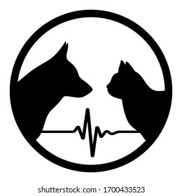 veterinary emblem silhouette of a dog and cat in a circle with a pulse
