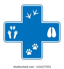 Veterinary emblem traces of animals in blue medical cross on white background