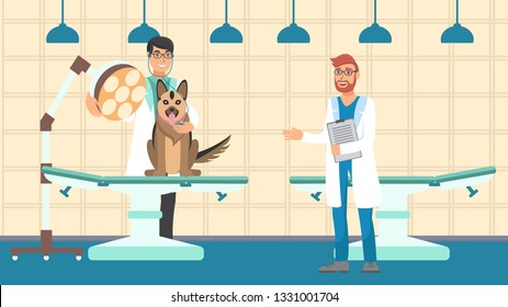 Veterinary Emergency Care Flat Vector Illustration. Vet Doctors Examines Animal in Examination room. Veterinarians, Alsatian Dog Cartoon Character. Pet Clinic Interior Horizontal Drawing