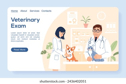 Página de inicio del examen veterinario. Dos veterinarios jóvenes con perro y gato examinando animales lindos en el fondo del hospital de mascotas. Plantilla web de línea plana. Ilustración vectorial de página de Internet de clínica veterinaria.