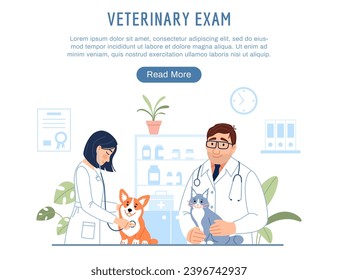 Veterinary exam landing page. Young veterinarians with dog and cat examining cute animals on pet hospital background. Flat line website template with button. Vet clinic homepage vector illustration.