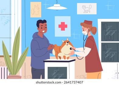 Veterinary examination. Veterinarian doctor exam dog in vet clinic cartoon interior, pet checkup sick animal health care puppy treatment hospital office, classy vector illustration original artwork