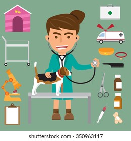 Veterinary examining dog with icons. vector illustration.