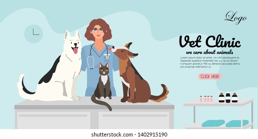 A veterinary female doctor with a cat and two dogs in a veterinary office. Healthy and happy pets. Creative banner, flyer, landing page or a blog post for a vet clinic, veterinary office or hospital. 