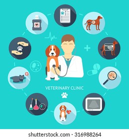 Veterinary flat icon set. Veterinary banner, background, poster, concept. Vet clinic. Flat design. Vector illustration