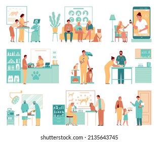 Veterinary flat icons set of people coming to clinic with sick animals isolated vector illustration