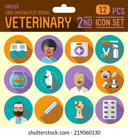 Veterinary flat long shadow design circle 2nd icon set. Trendy illustrations. Vector.