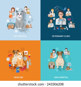 Veterinary flat set with cat and dog hospital medicine clinic isolated vector illustration