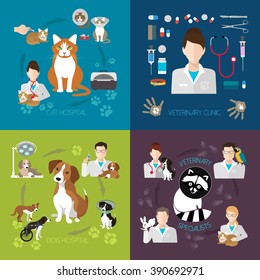 Veterinary flat set with cat and dog hospital medicine clinic isolated on background. Vector illustration