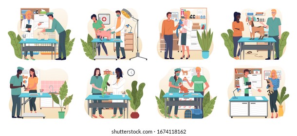 Veterinary flat set with pet carriage vet clinic and doctor isolated, vector. Medical personnel with animals. Veterinarians in medical gowns, doctor in uniform holding various pets. Medical vet care