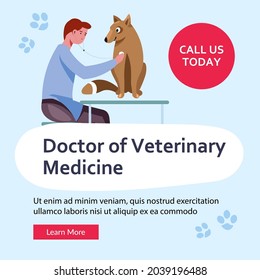 Veterinary help for pets, professional assistance and care for animals. Man with dog or puppy listening and making diagnostics. Website or webpage template, landing page, vector in flat style
