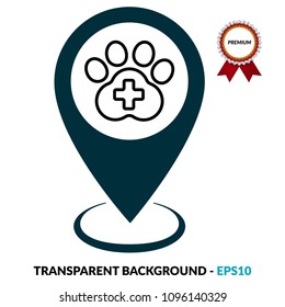 veterinary here. dog paw and map pointer icon