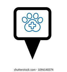 veterinary here. dog paw and map pointer icon