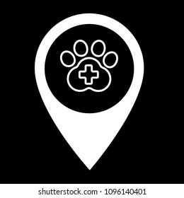 veterinary here. dog paw and map pointer icon