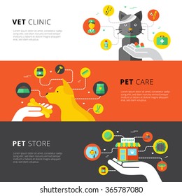 Veterinary horizontal banners set with vet clinic pet care and pet store flat vector illustration  