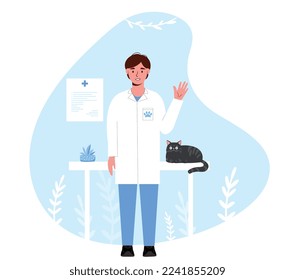 Veterinary hospital concept. Young guy in medical suit with cat. Health care, help and support for animals. Specialist at work. Poster or banner for website. Cartoon flat vector illustration