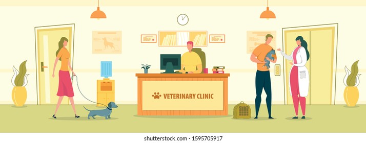 Veterinary Hospital Interior with People Cartoon Characters. Vet Clinic Registrar and Doctor Welcoming Pets Owners. Animals Health Care and Professional Medical Treatment. Flat Vector illustration.