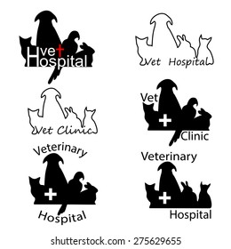 Veterinary Hospital logos with cat, dog, rabbit and parrot silhouettes. Vector illustration in eps8 format.