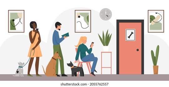 Veterinary hospital and people with sick animals, queue at receptionist in clinic interior vector illustration. Cartoon vet medical service for pet animals, visit to veterinarian doctor background