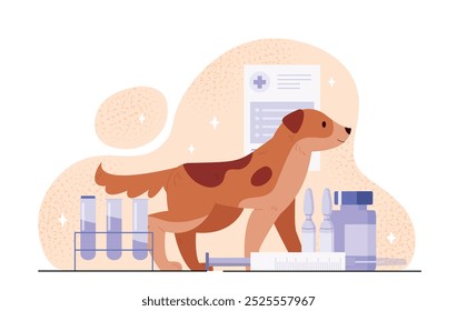 Veterinary hospital services. Dog with pills and tablets. Healthcare and medicine. Diagnosis and treatment. Care about domestic animals. Flat vector illustration isolated on white background