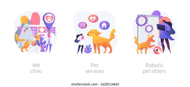 Veterinary hospital services and domestic animals hotels. Dogs grooming and health check center. Vet clinic, pet services, robotic pet sitters metaphors. Vector isolated concept metaphor illustrations