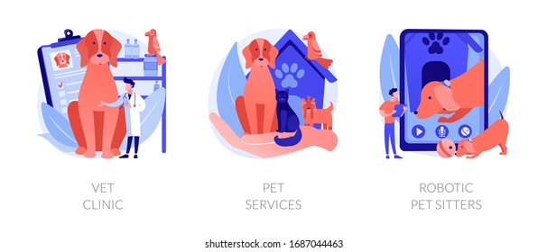 Veterinary hospital services and domestic animals hotels. Dogs grooming and health check center. Vet clinic, pet services, robotic pet sitters metaphors. Vector isolated concept metaphor illustrations