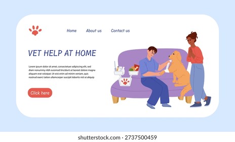 Veterinary house call web banner or landing page. Veterinarian applies a bandage to the paw of an injured dog at home. In-home animal healthcare service concept for websites, apps