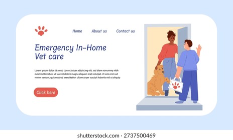 Veterinary house call web banner or landing page. Pet owner and vet doctor during home visit with injured dog. In-home veterinary care and medical assistance. Flat vector illustration with copy space