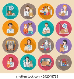 Veterinary icon flat set with pet carriage vet clinic and doctor isolated vector illustration