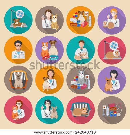 Veterinary icon flat set with pet carriage vet clinic and doctor isolated vector illustration