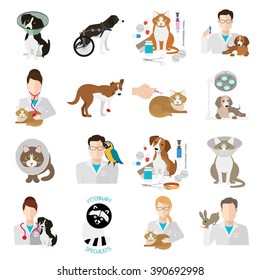 Veterinary icon flat set.  Vet clinic, pets and doctor isolated on white background. Vector illustration