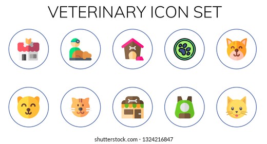 veterinary icon set. 10 flat veterinary icons.  Collection Of - pet shop, cat, veterinarian, pet house, pet