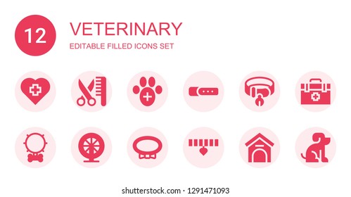 veterinary icon set. Collection of 12 filled veterinary icons included Veterinary, Grooming, Collar, Hamster, Kennel, Veterinarian, Pet
