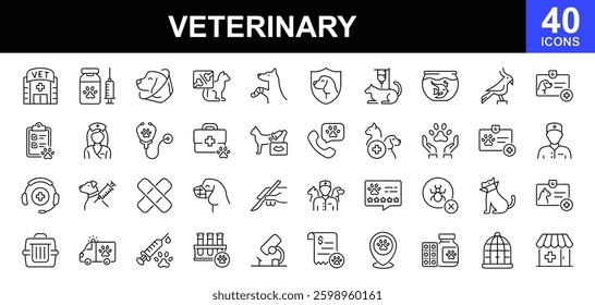 Veterinary icon set. Contains such icons as pets, medical history, health care, vet, vaccines, test, dental care, antiparasitic, diagnosis, x ray, veterinary clinic and more. Vector illustration