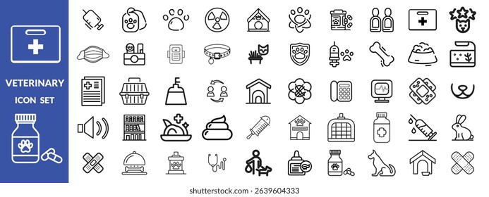 Veterinary icon set. Contains such icons as pets, medical history, health care, vet, vaccines, test, dental care, antiparasitic, diagnosis, x ray, veterinary clinic and more. Vector illustration desig