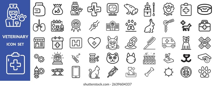 Veterinary icon set. Contains such icons as pets, medical history, health care, vet, vaccines, test, dental care, antiparasitic, diagnosis, x ray, veterinary clinic and more. Vector illustration desig